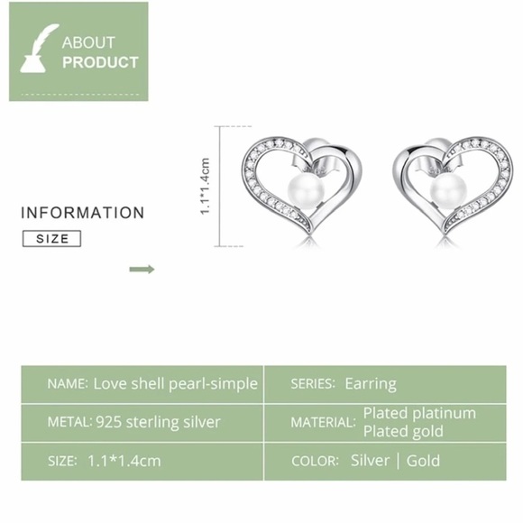 925 Sterling Silver Love Shell Pearl Stud Earrings with Clear CZ - Picture 5 of 6